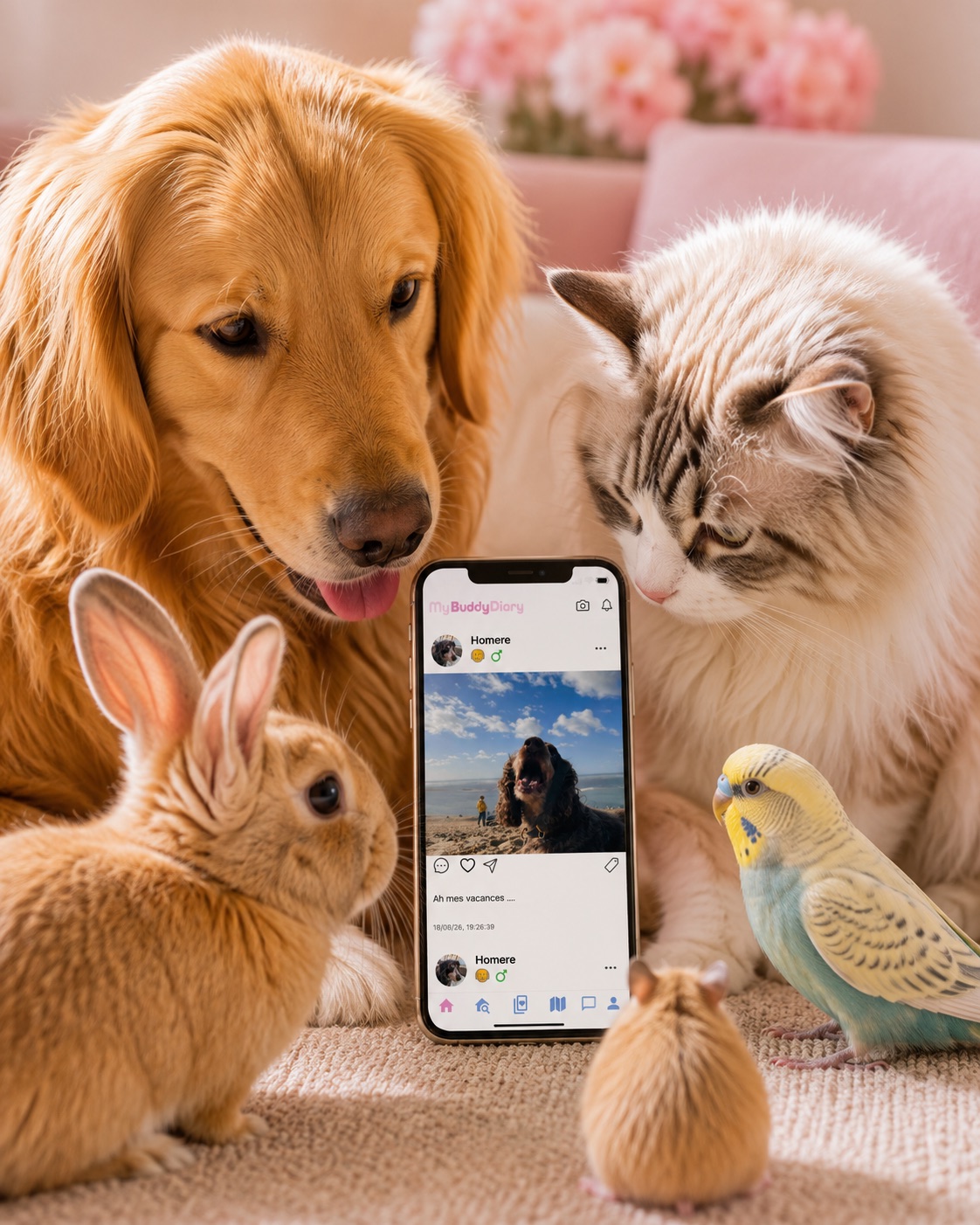 Un chien, un chat, un lapin, une perruche et un hamster réunis autour de l'application MyBuddyDiary