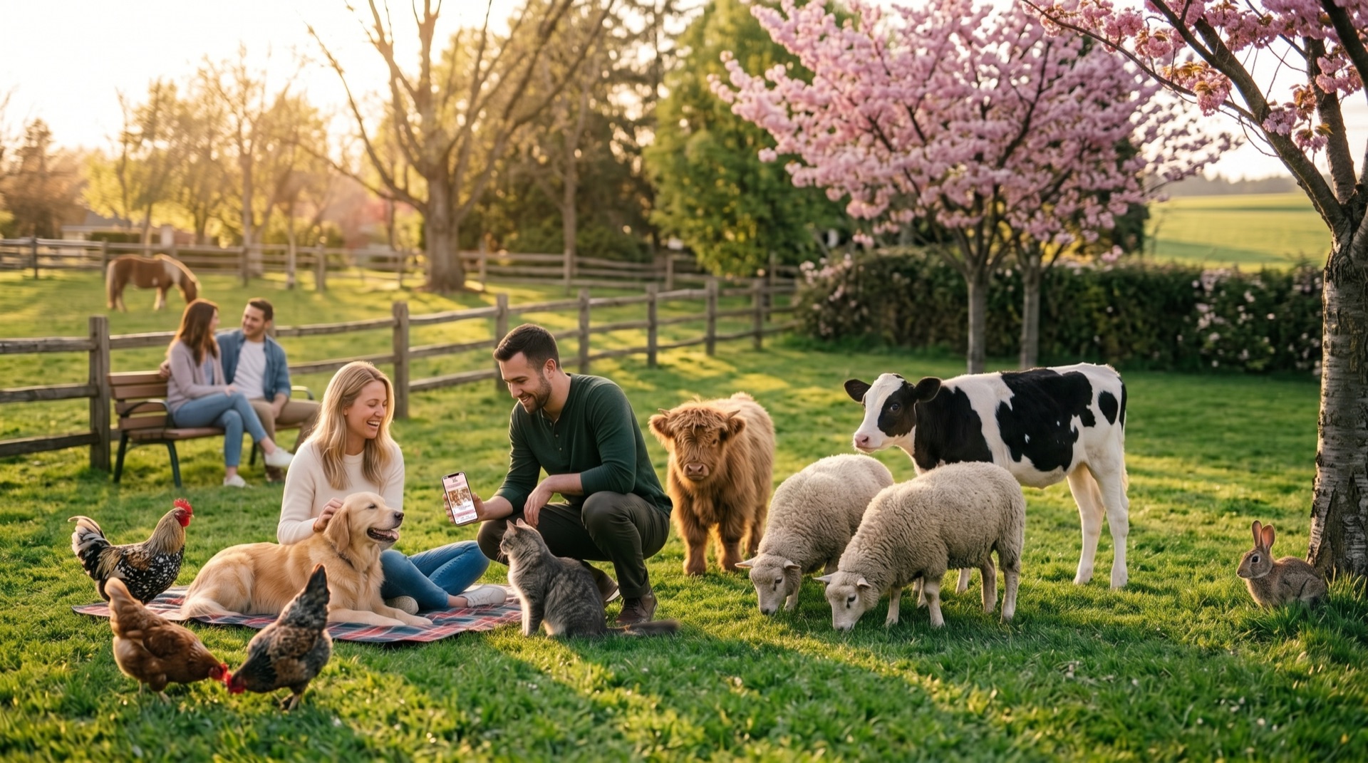 Des familles et leurs animaux — chiens, chats, poules, moutons, un cheval — réunis en plein air autour de MyBuddyDiary