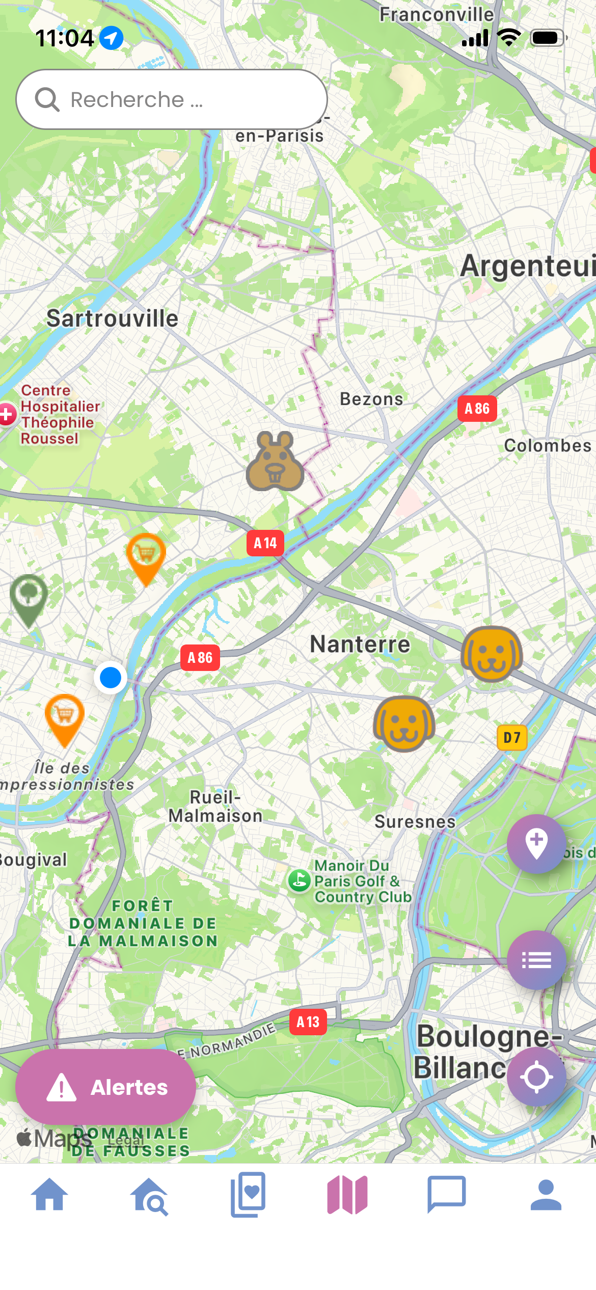 Capture d'écran de la Carte avec marqueurs d'animaux